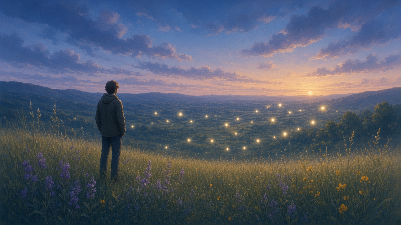 Painted hillside overlook where soft eyes of light read the valley without leaving the ridge