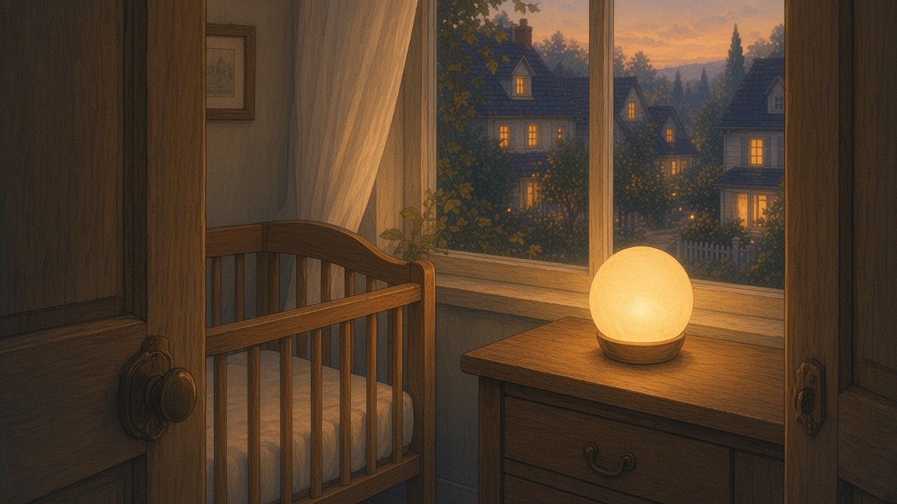 Painted empty nursery at dusk where a glowing orb on a dresser keeps its light inside the room