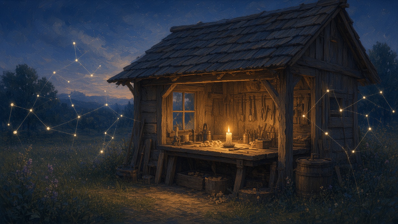 Painted small workshop lit by one calm candle flame amid soft mesh sparks
