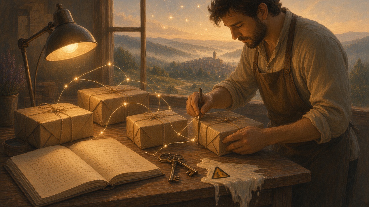 Painted craftsman inspecting sealed packages on a study desk while soft audit threads connect each crate to an open ledger