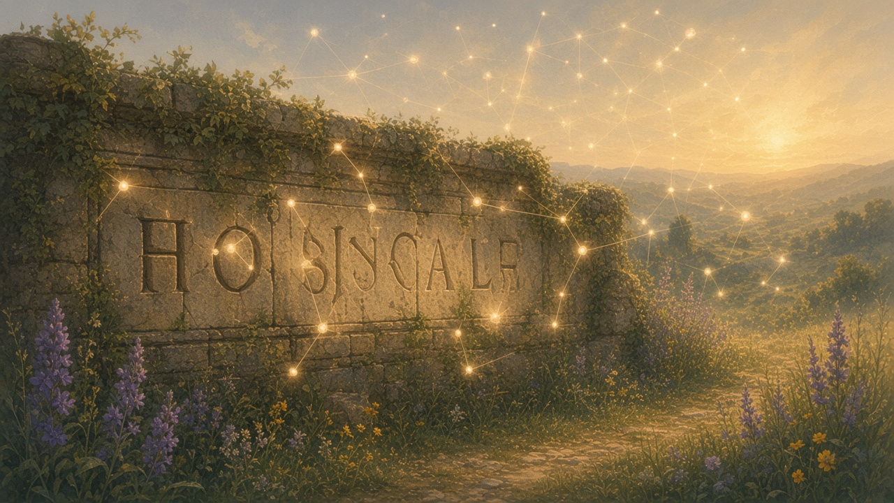Painted old stone wall where carved letters gently lift into soft light