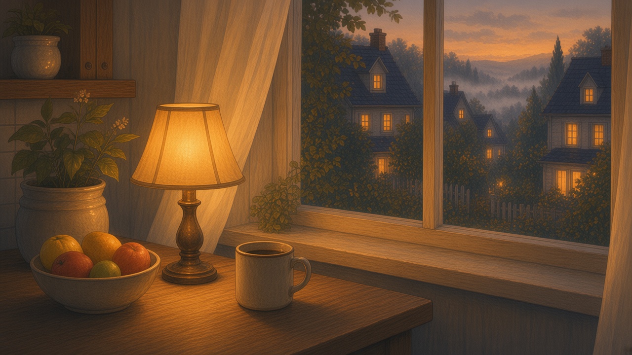 Painted kitchen at dusk whose lamp stays lit while gray weather sits on a far valley