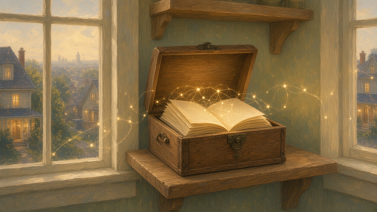 Painted kitchen shelf holding a wooden chest of glowing pages whose soft mesh light stays home while a distant city sits idle outside