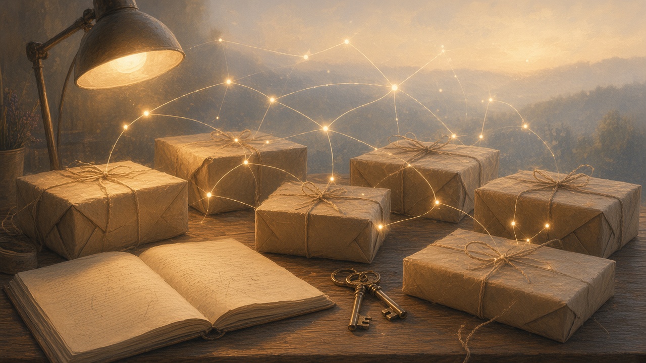 Painted desk with an open ledger of keys and sealed packages under lamp light