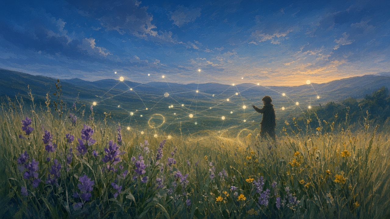 Painted meadow at dusk with a hunter silhouette marking soft glowing targets among wildflowers