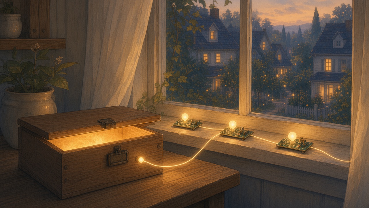 Painted kitchen at dusk where a wooden home box and small sensor boards share a thread of light that stays in the room