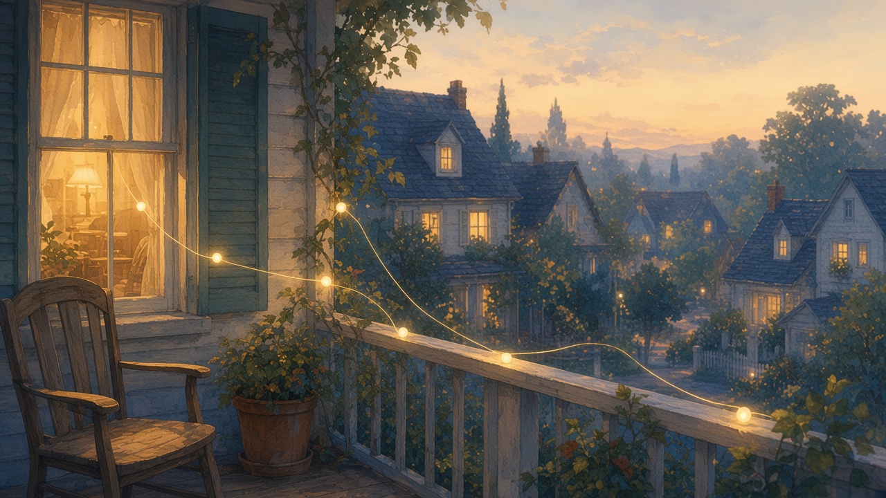 Painted home porch at dusk where soft sensor orbs nest on the railing and talk only to neighboring windows