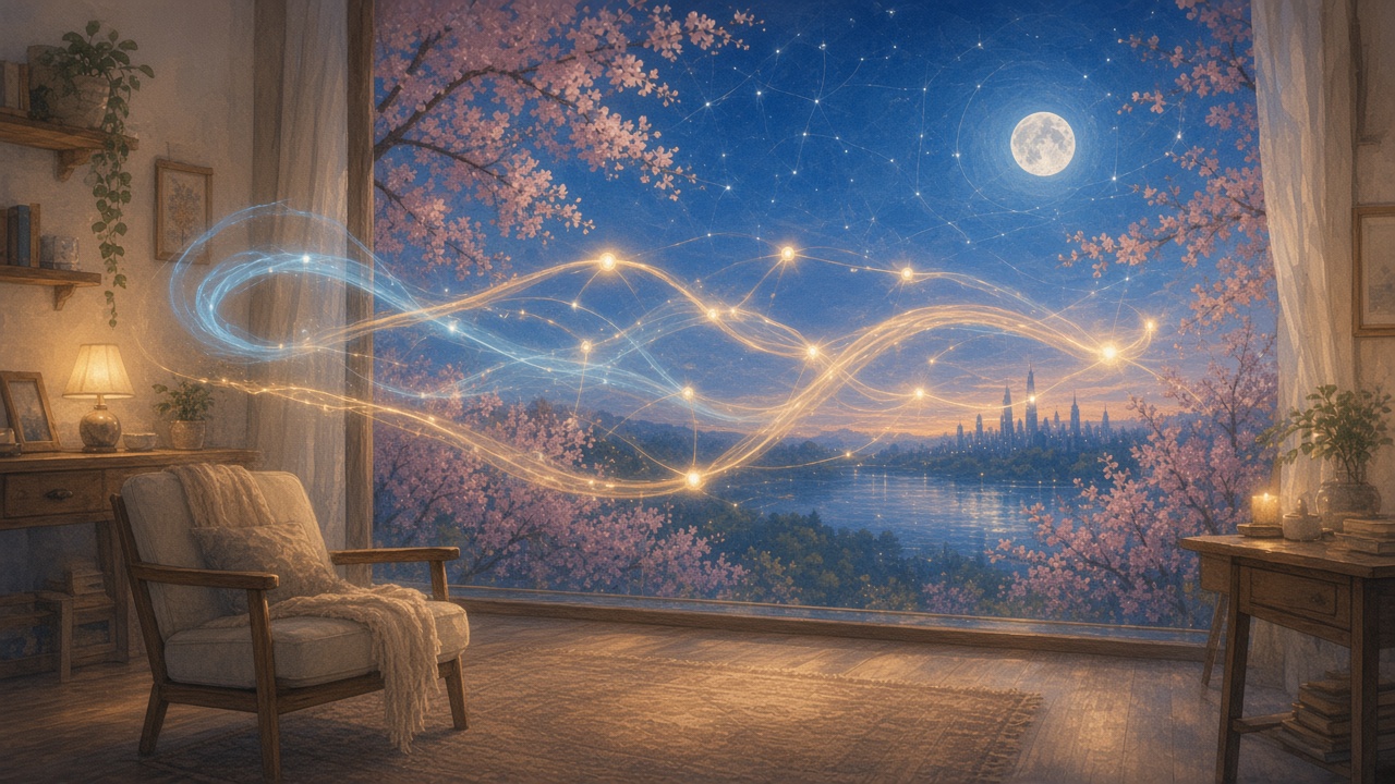 Painted home window where voice, sight, and script lights gather as one quiet suite