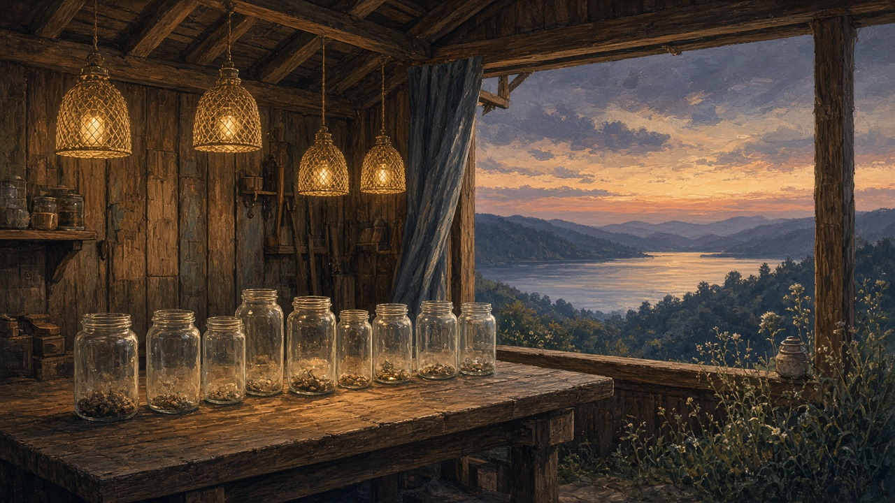 Painted hillside workshop at dusk where glass jars of different sizes wait on a wooden bench beside a quiet lake