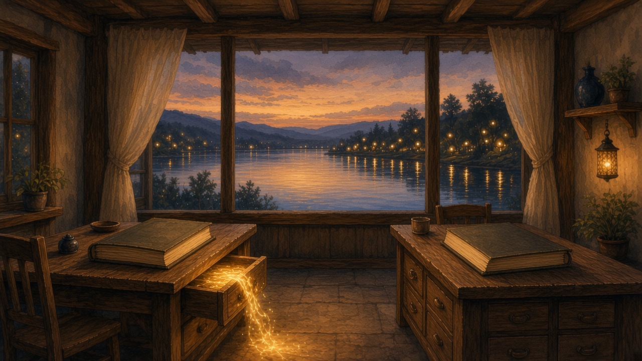 Painted library at dusk where one card drawer spills a ribbon of light onto the floor