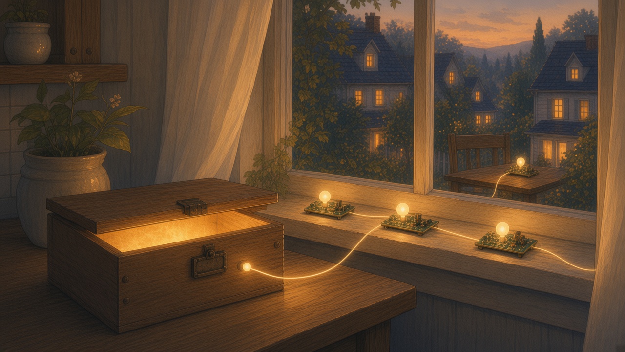 Painted kitchen at dusk where a wooden home computer and three small boards share one thread of light