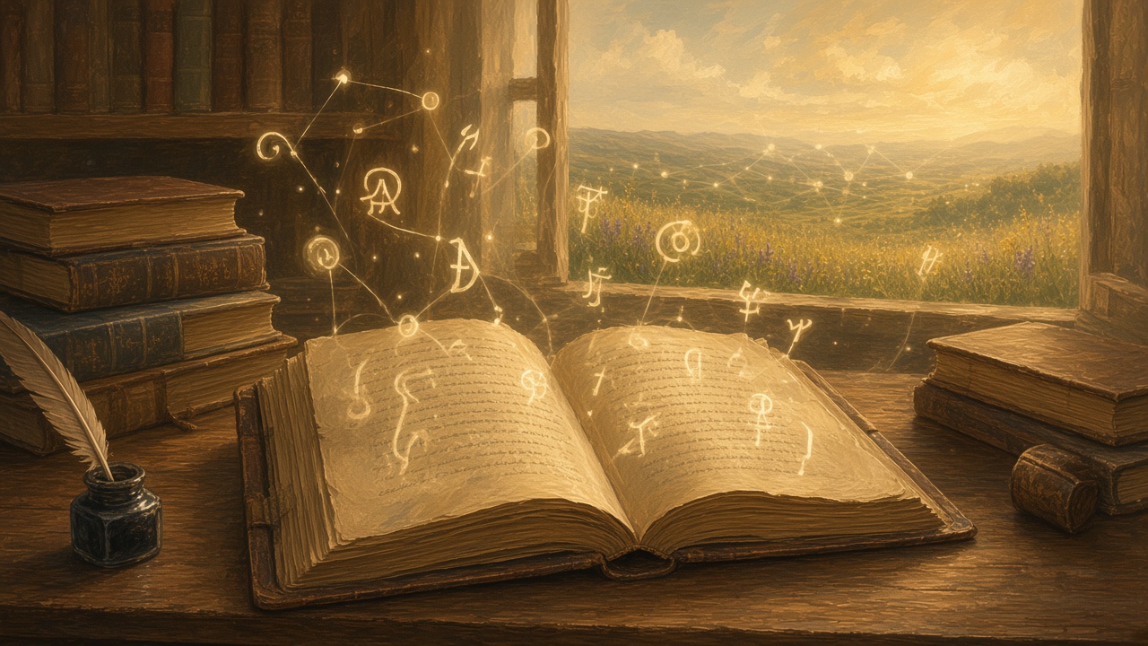 Painted desk where a skill folder opens and carved letters lift into soft light instead of flying to a far OCR tower