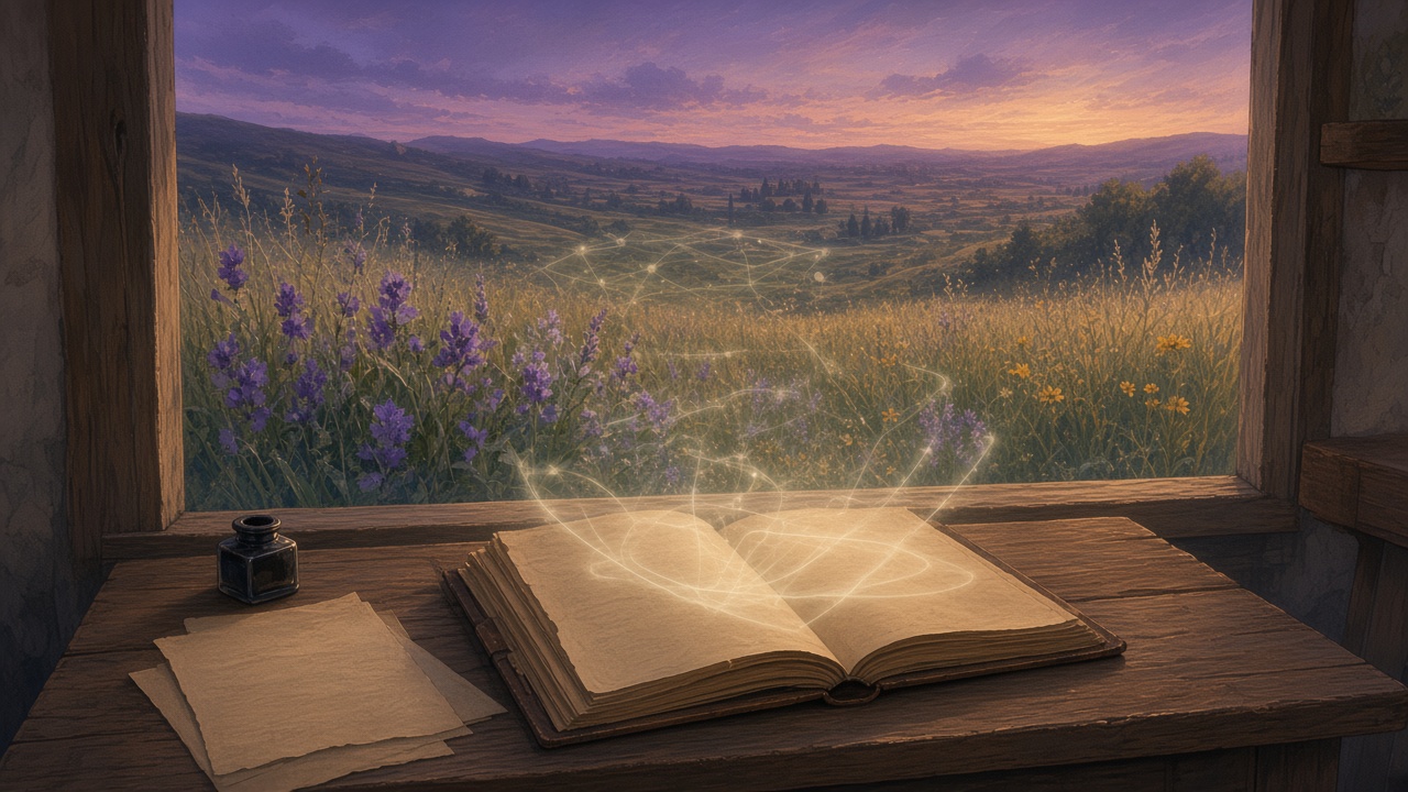 Painted meadow desk where a skill folder casts soft detection rings around wildflowers that stay in the field