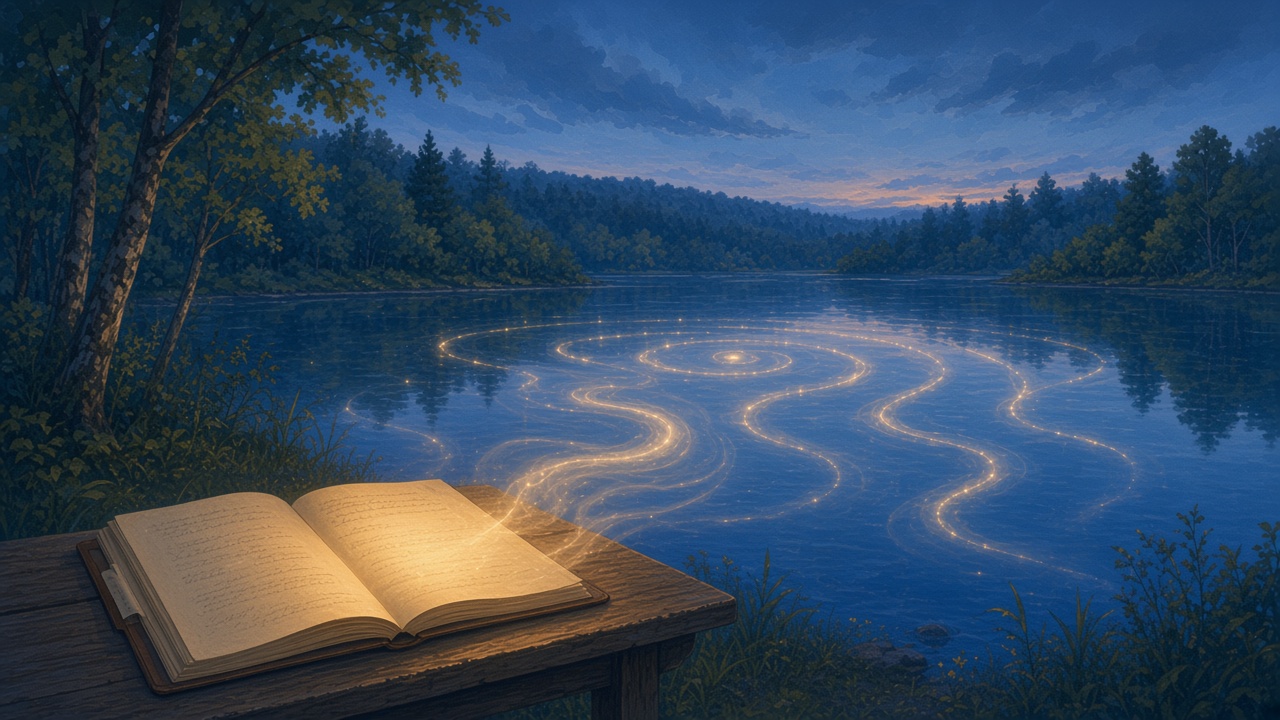 Painted lakeside desk where a skill folder turns spoken breath into soft word-ripples that never leave the shore