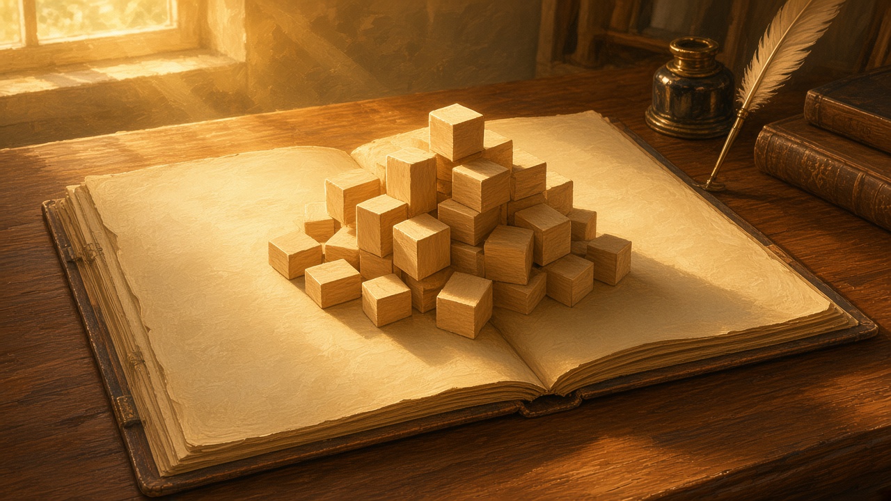 Painted maple desk where a skill folder stacks luminous wooden blocks as one safe heap for the whole house