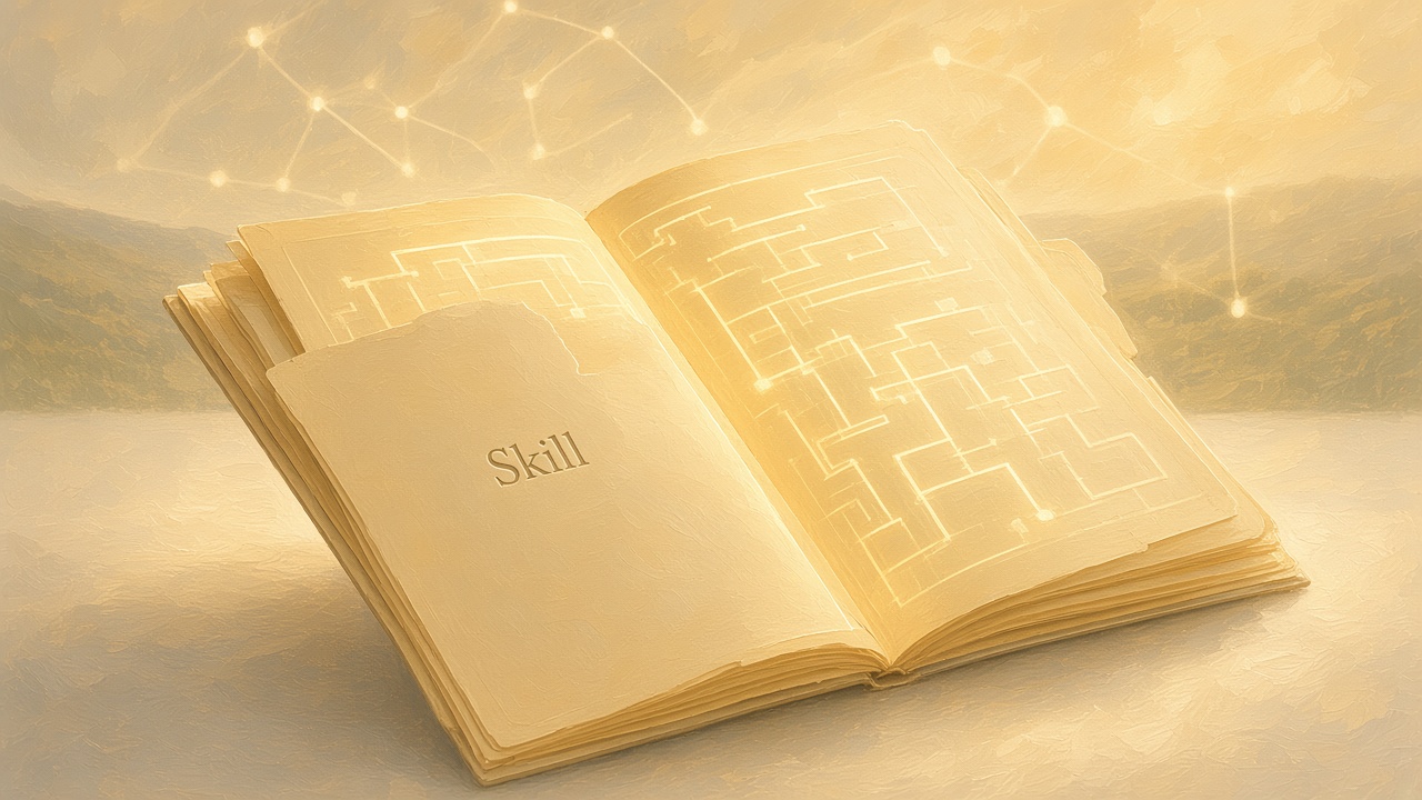 Painted cream desk where a skill folder opens manila pages of soft structured light without a C parser