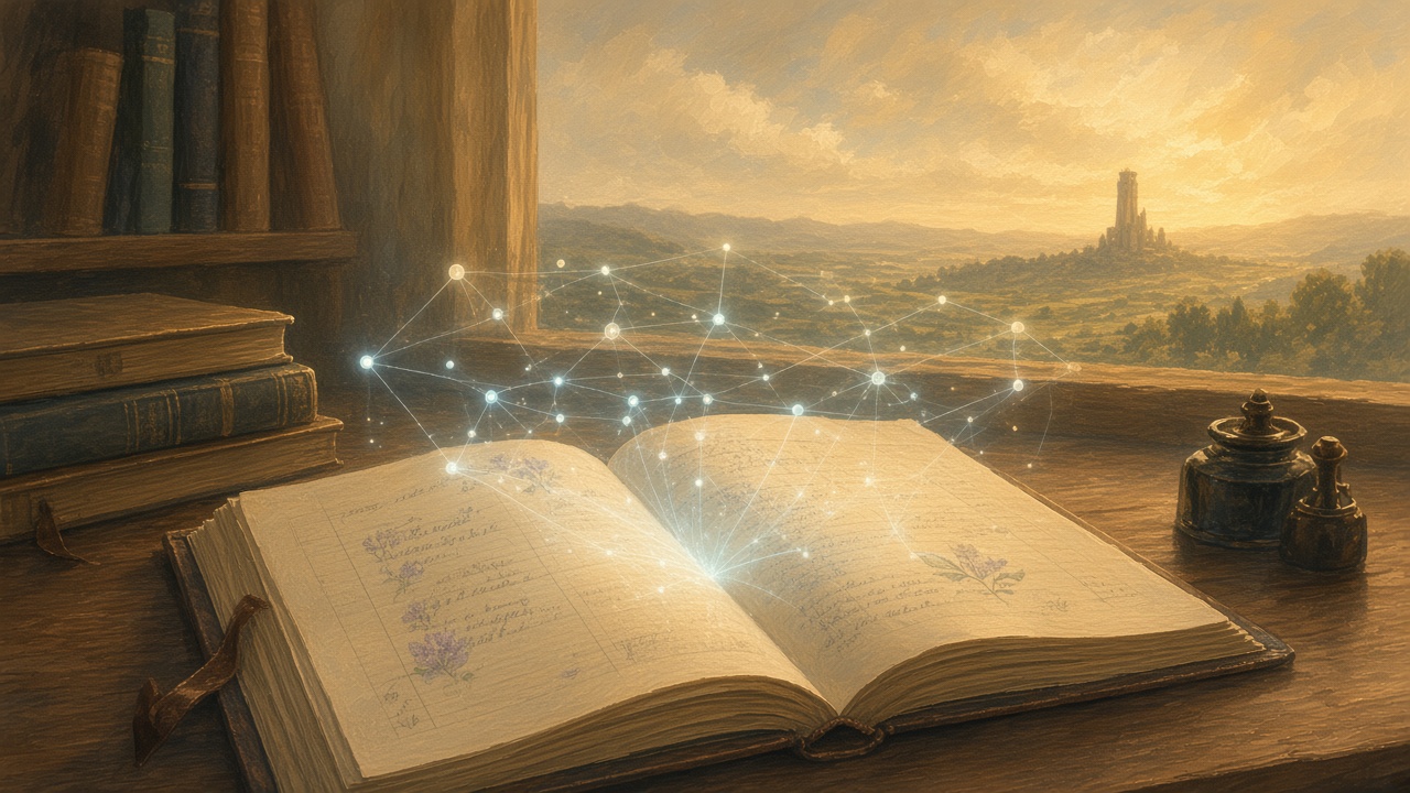 Painted study desk where a skill folder of light pins a local glowing ledger away from a distant cloud tower