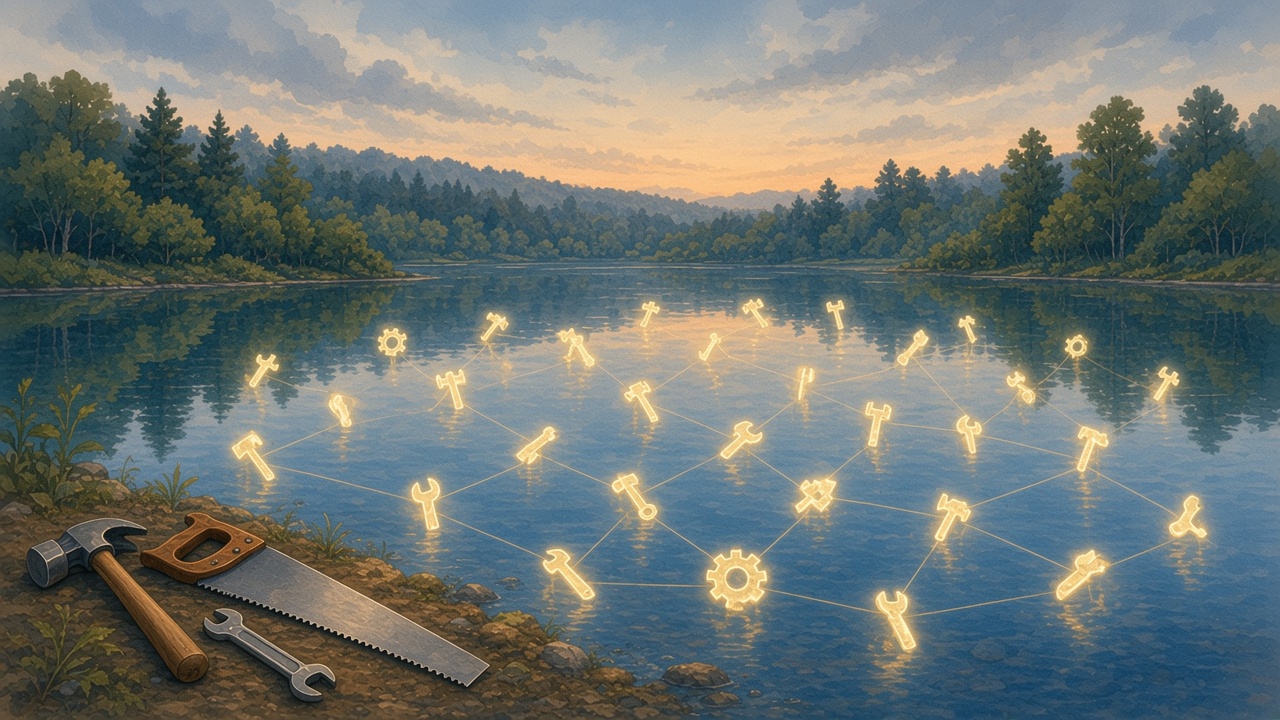 Painted lake reflecting a constellation of tool-shaped stars over a quiet shore