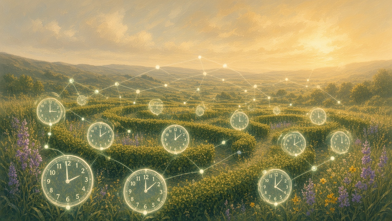 Painted garden of synchronized soft clock faces among hedges at dawn