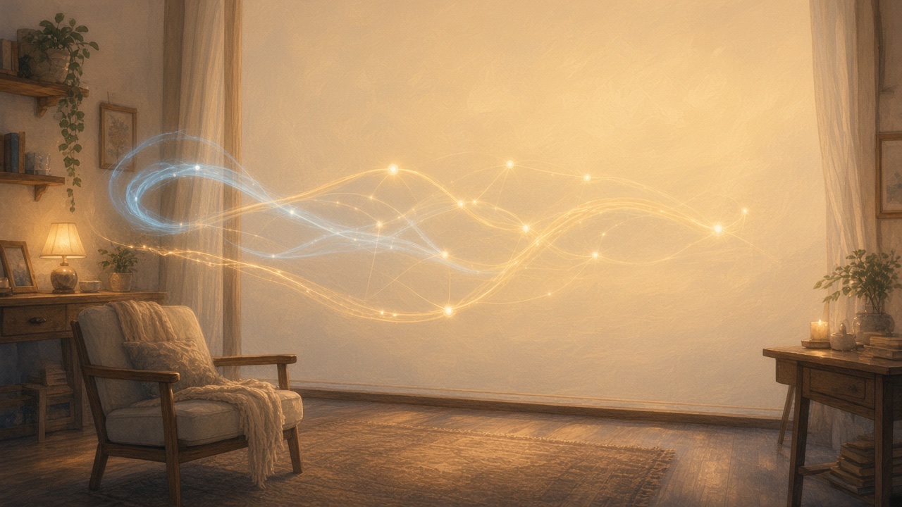 Painted living room where soft ribbons of voice and sight gather as a constellation that never leaves the window
