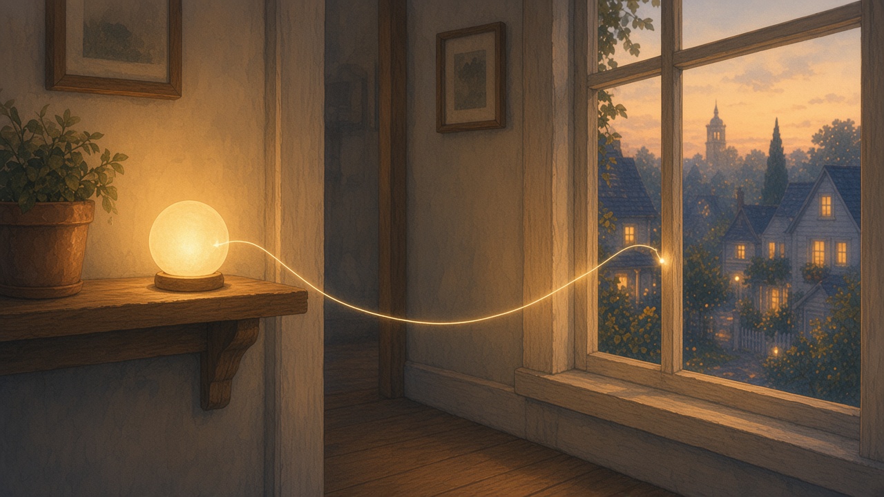 Painted hallway at dusk where a glowing orb sends one thin thread of light out the window toward a distant tower