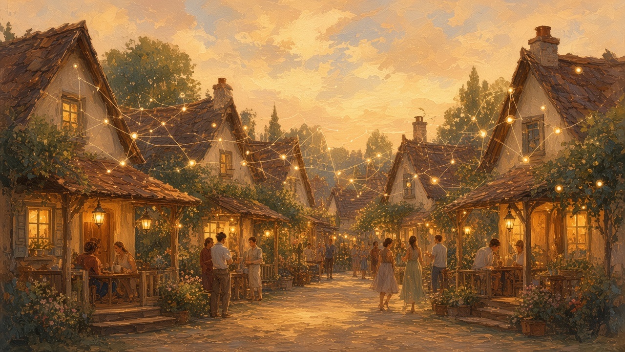 Painted neighborhood street at dusk where porch lamps and soft mesh nodes connect homes like a gentle constellation party