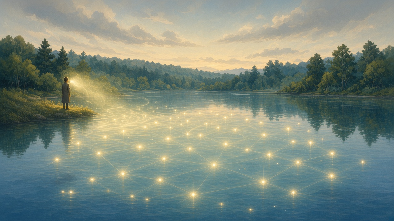 Painted lake shore where soft sound ripples become words of light