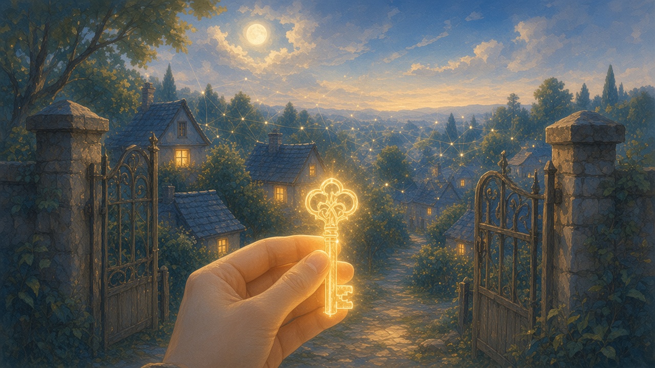 Painted hand holding a key of light before a neighborhood gate at dusk