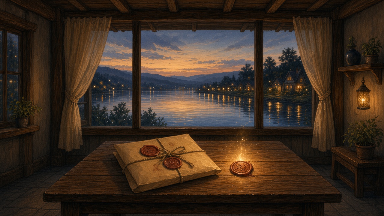 Painted table at dusk where a parcel has three worn wax seals and one intact seal of light