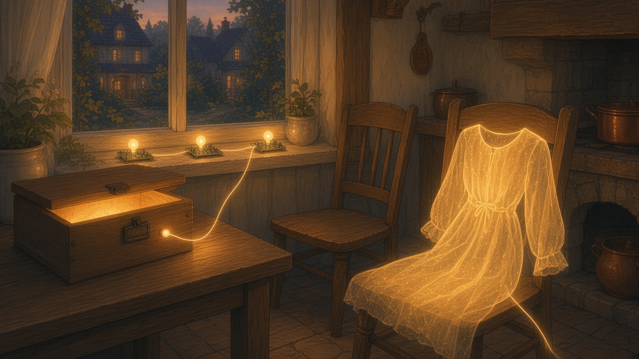 Painted kitchen at dusk where a luminous garment remains on a chair beside an empty one