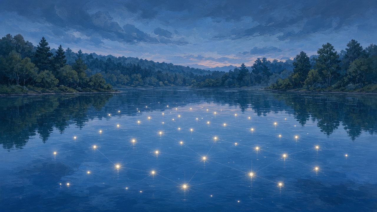 Painted constellation light for a pure Rust alternative for ad-hoc serializers without a house pin, lake reflecting a soft constellation of mesh lights