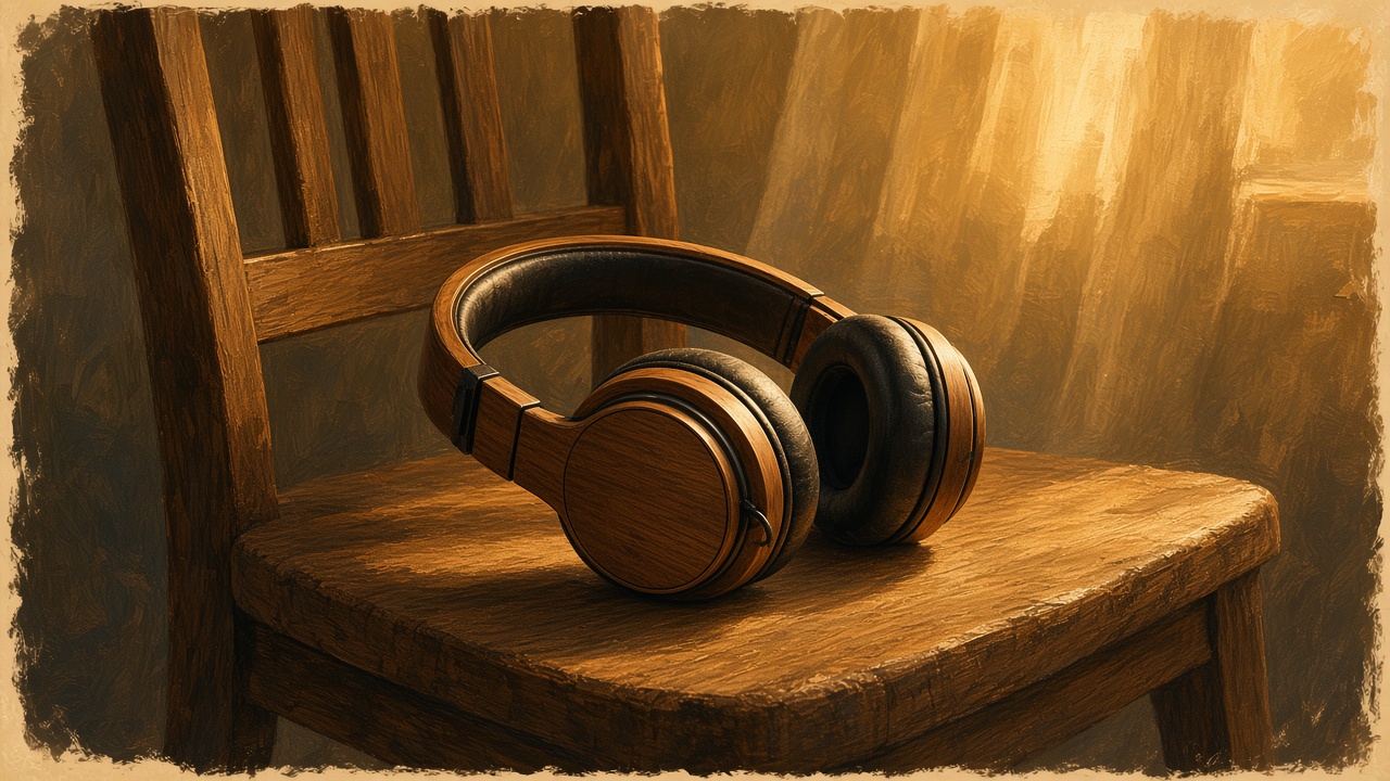 Painted wooden headphones on a chair at dusk, one ear cup catching the warm light