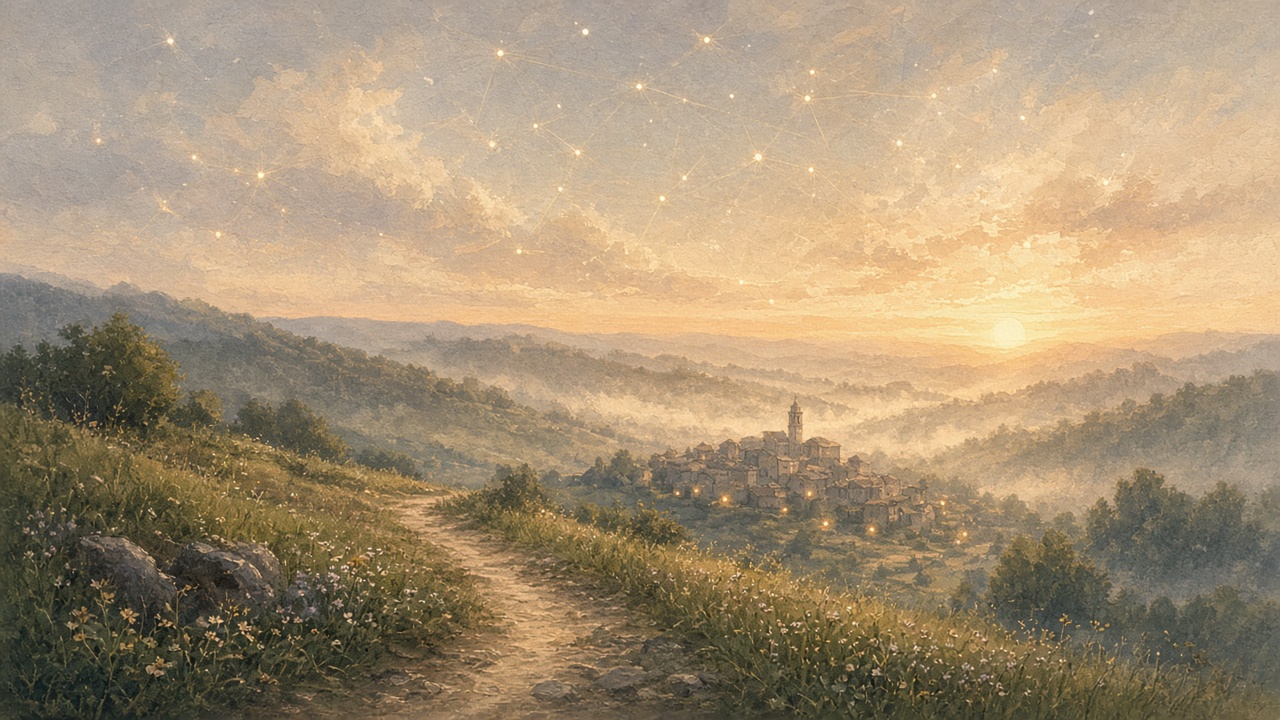 Painted constellation light for a pure Rust alternative for icon font CDNs, hillside path leading toward a quiet village