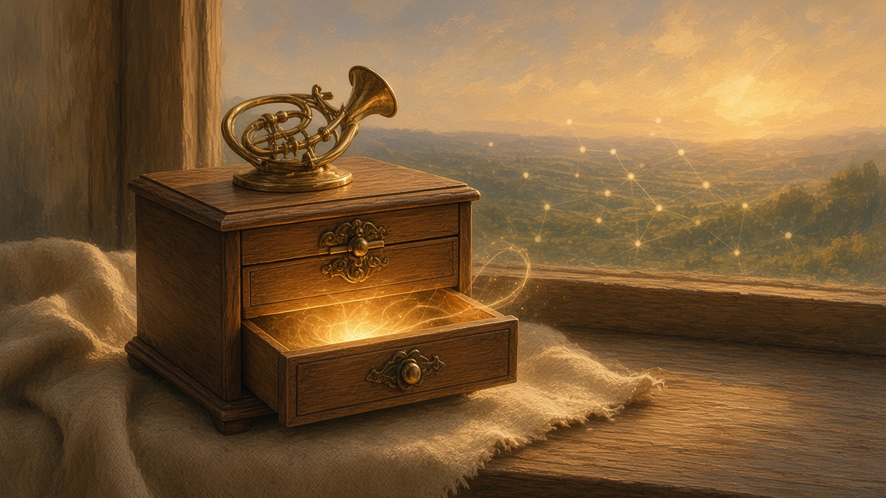 Painted music box at dusk with a quiet horn on the lid and a drawer of warm light