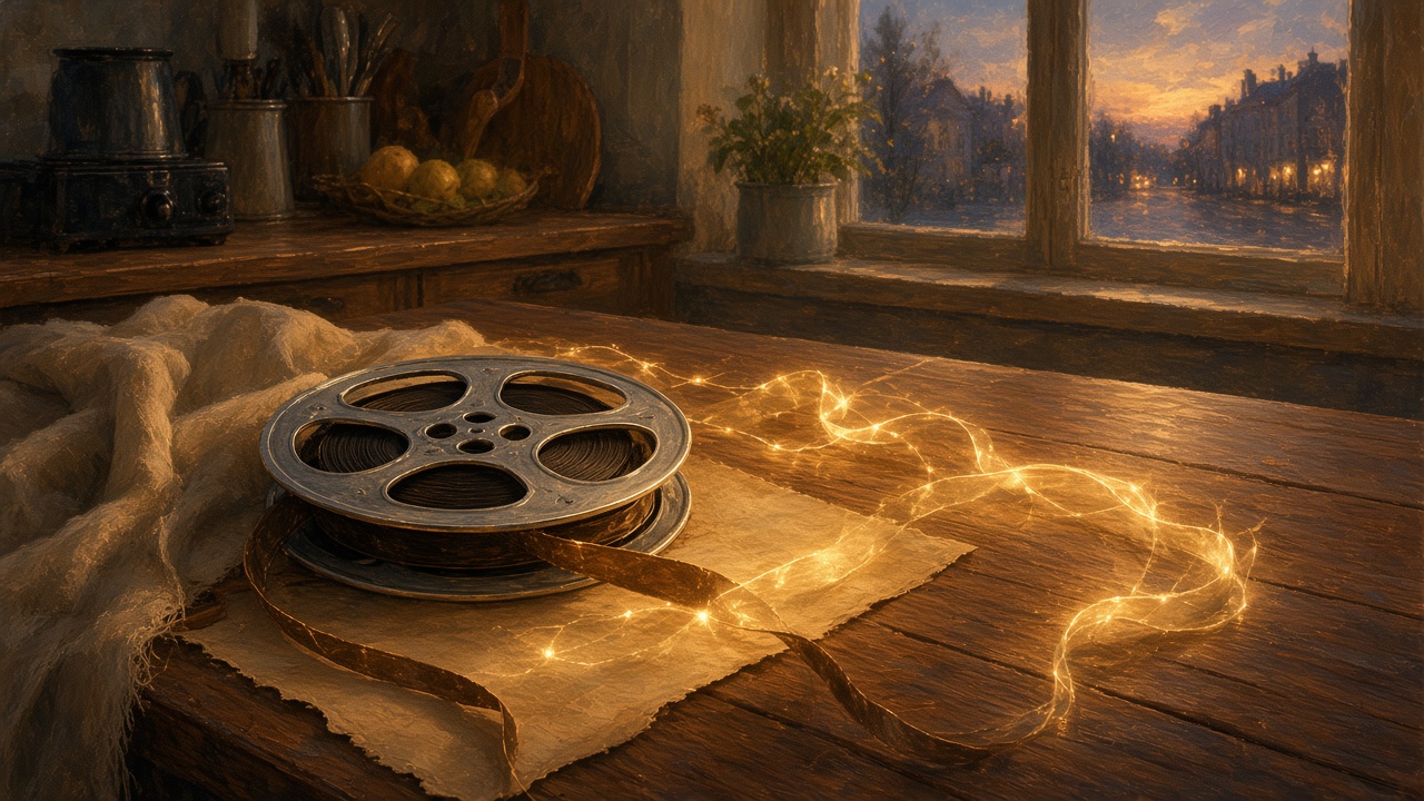 Painted film reel on a kitchen table at dusk, its ribbon a thread of warm light