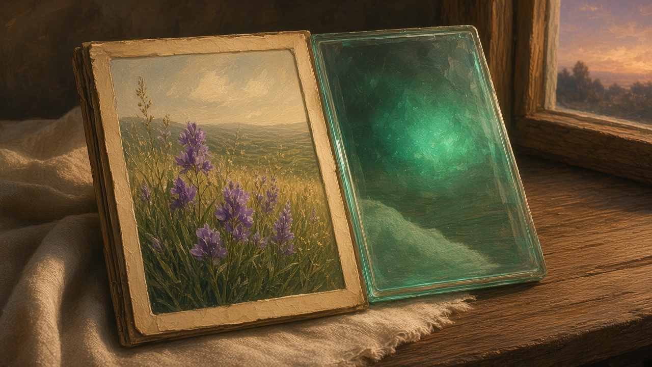 Painted pressed wildflowers under glass beside a second pane holding soft green light