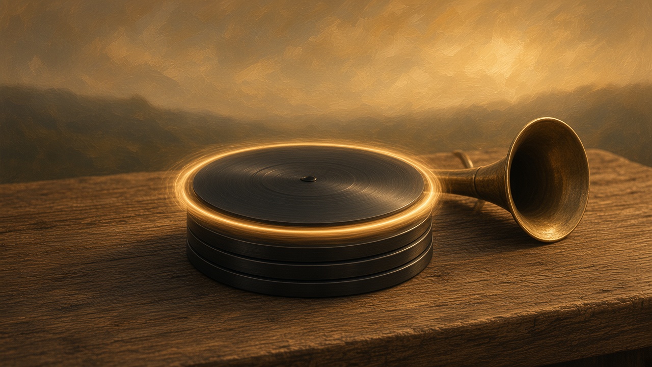 Painted stack of plain dark discs at dusk, the top disc ringed in warm light beside a small brass horn