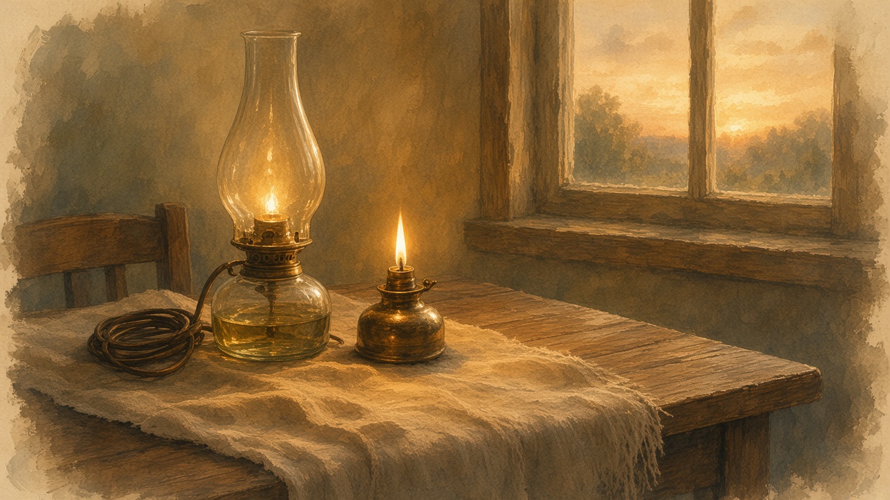 Painted kitchen table at dusk where a glass lamp with a coiled cord sits beside a small brass flame