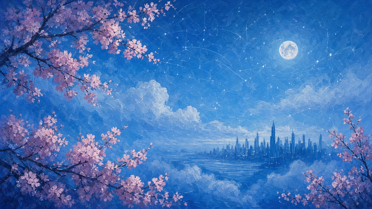 Painted constellation light for a pure Rust alternative for YOLO C++ stacks, cerulean skyline with soft blossom branches