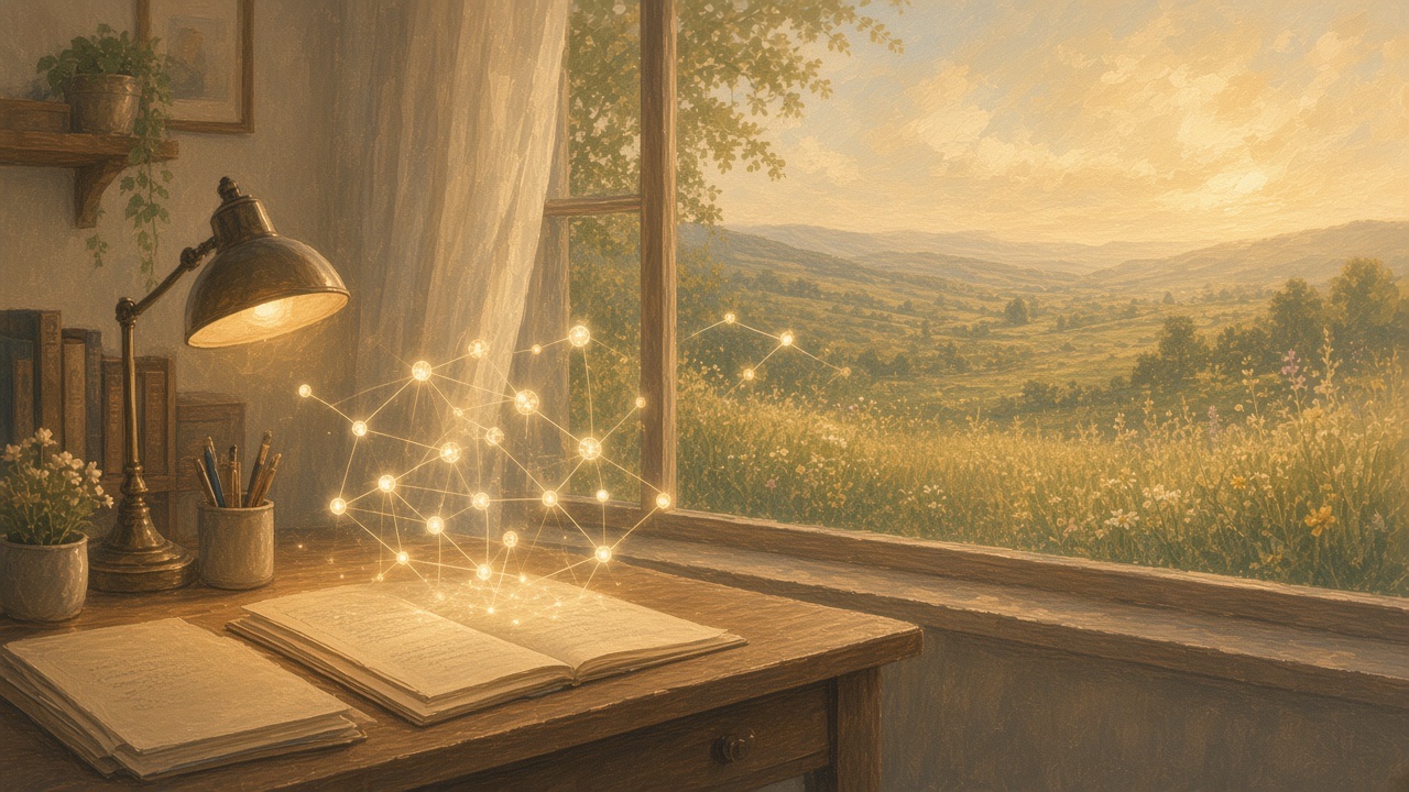 Painted study desk where soft document chunks of light rise from open pages and stay inside the window