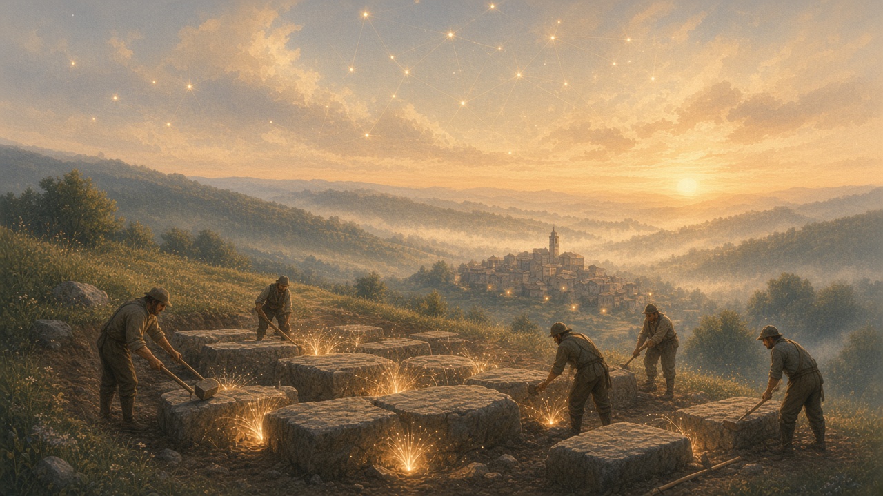Painted builders resetting foundation stones under a quiet village at dawn