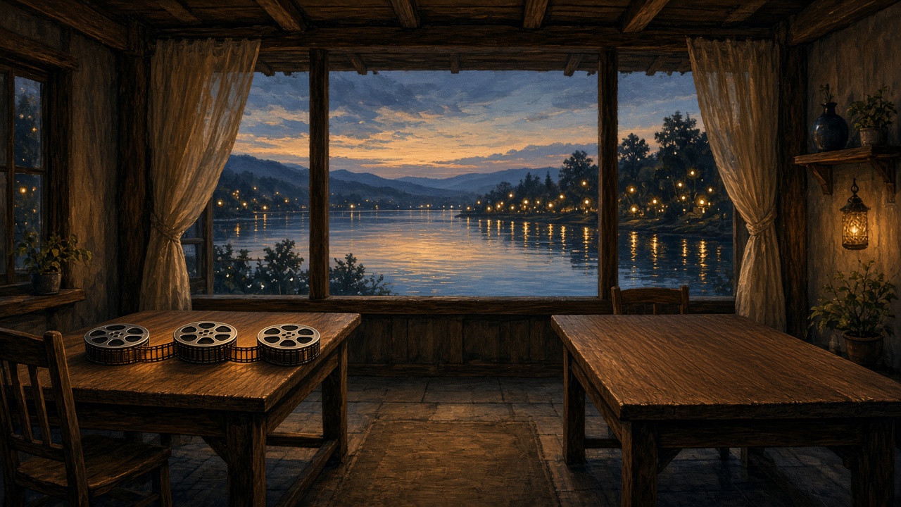 Painted study at dusk where three film reels on a desk are joined by one unbroken ribbon