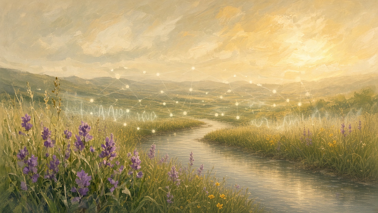 Painted river carrying soft frames of sound and image between two peaceful banks