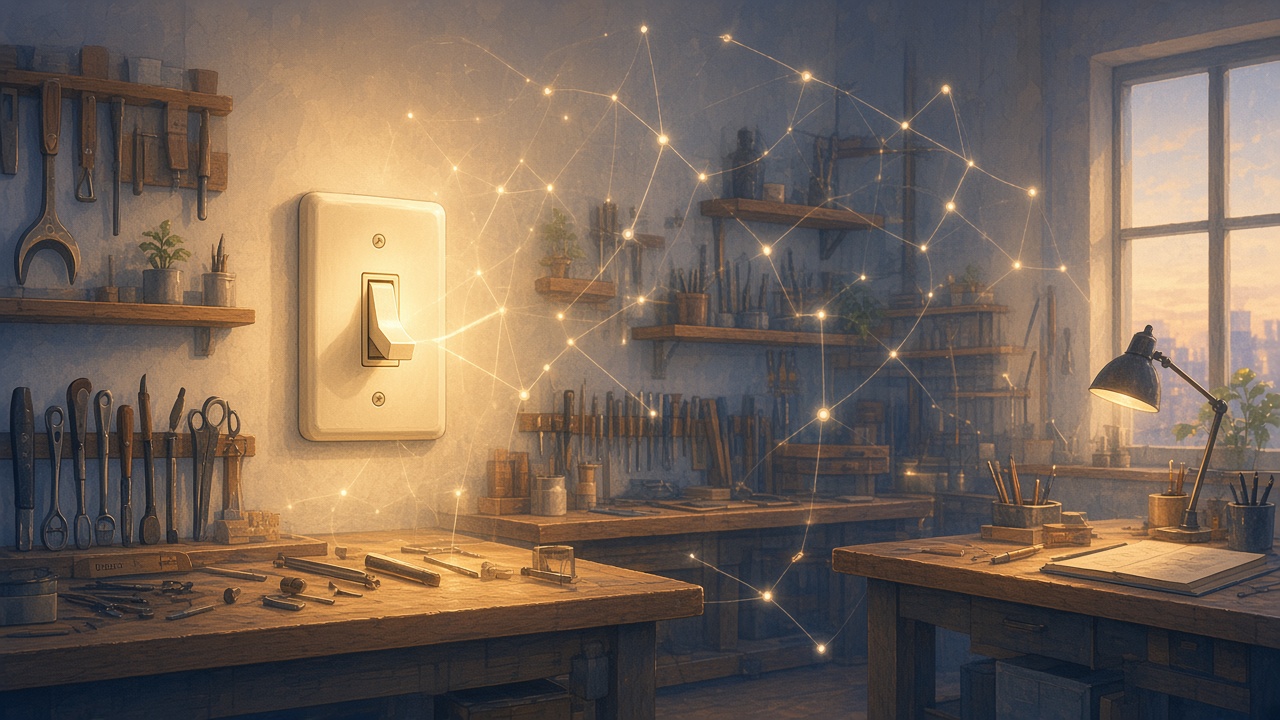Painted wall switch that lights an entire orderly workshop with one flick