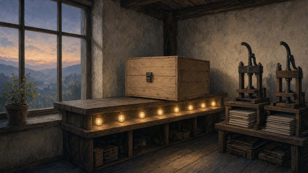 Painted dusk press room where one wide oak crate rests on a long shelf lined with soft mesh lights, and two smaller hand presses wait beside folded paper