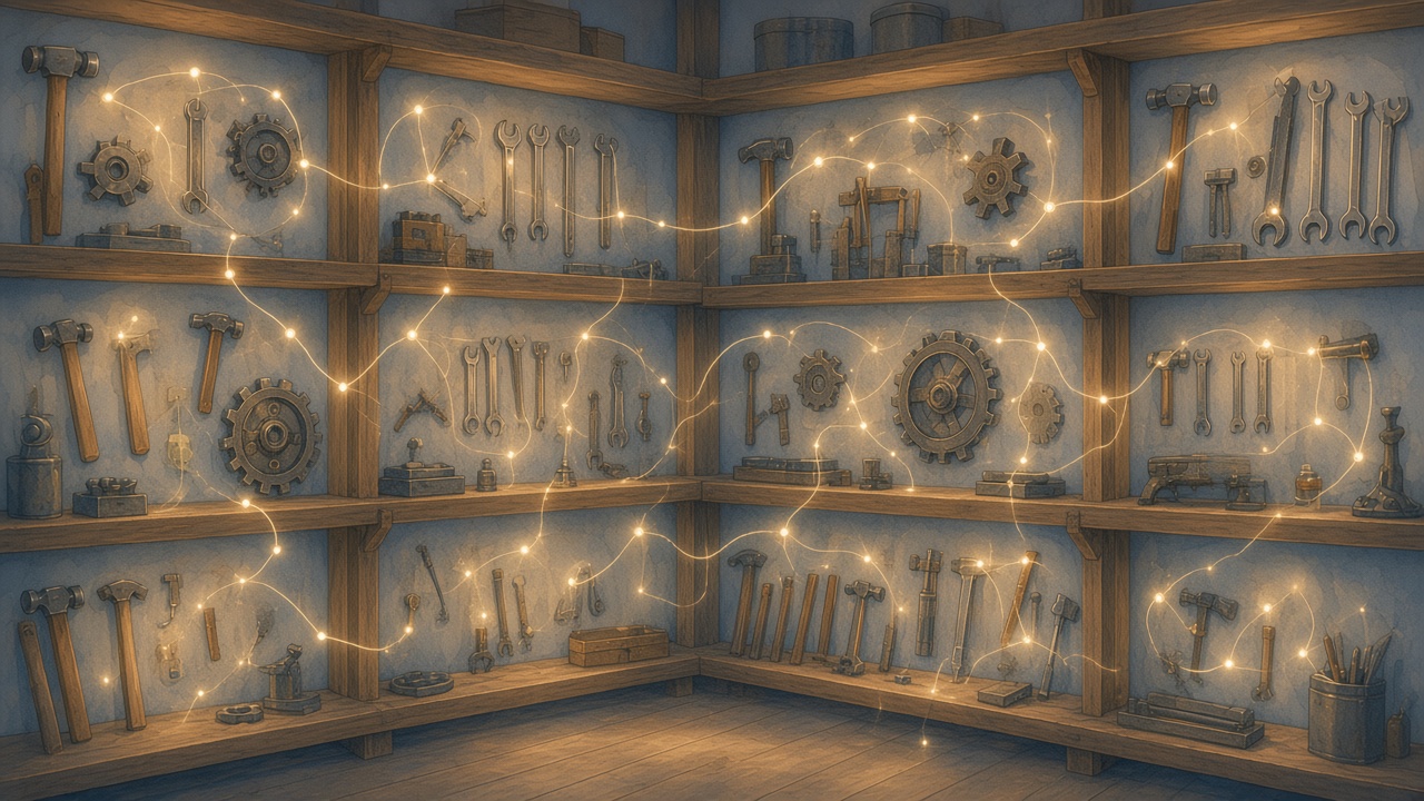 Painted workshop shelves where each tool rests in a labeled safe compartment