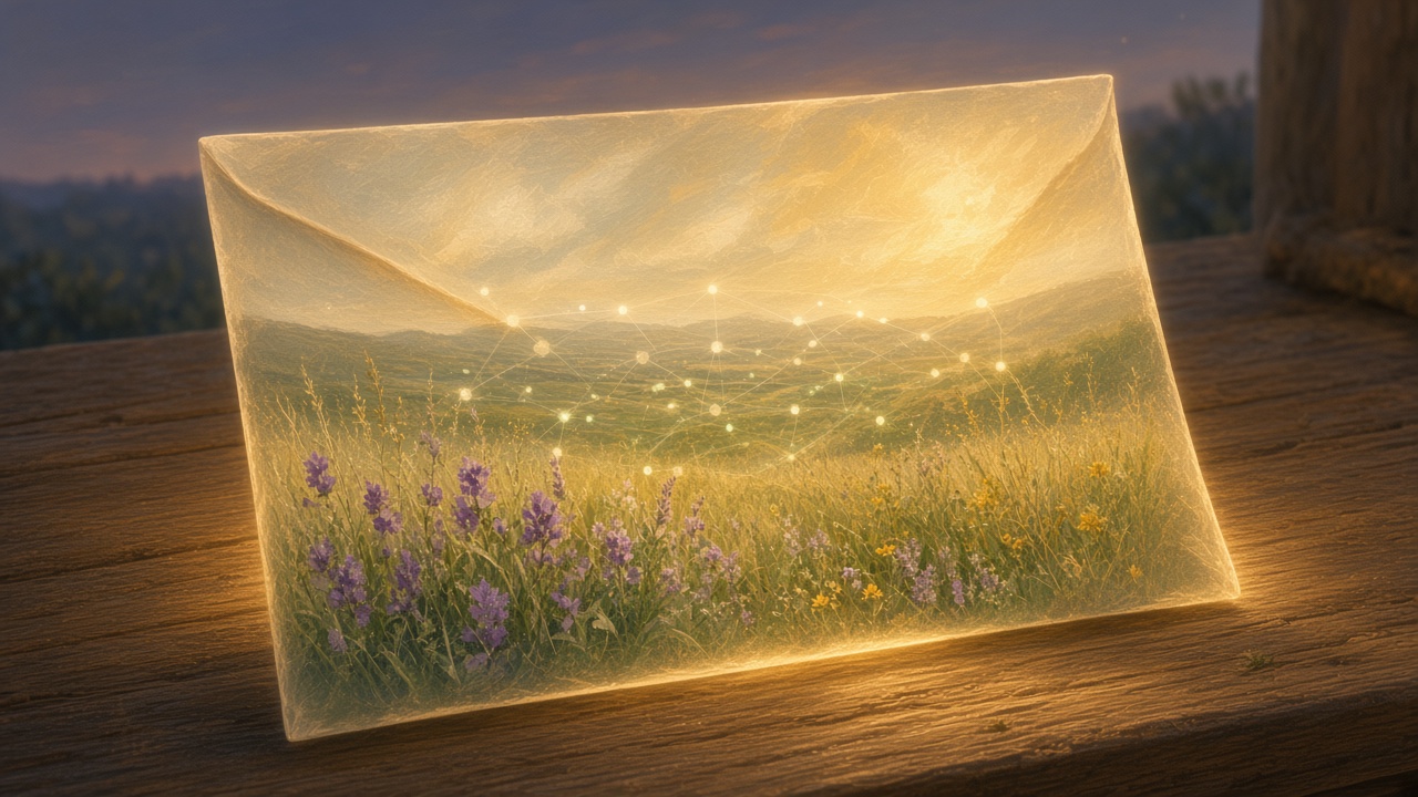 Painted sealed envelope of light unfolding into a clear moving picture on a table