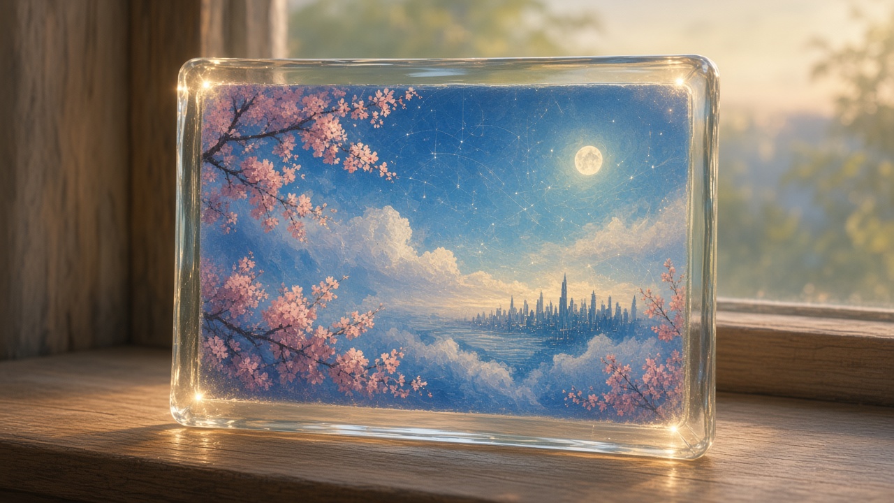 Painted single still moment held in a glass frame beside a quiet window
