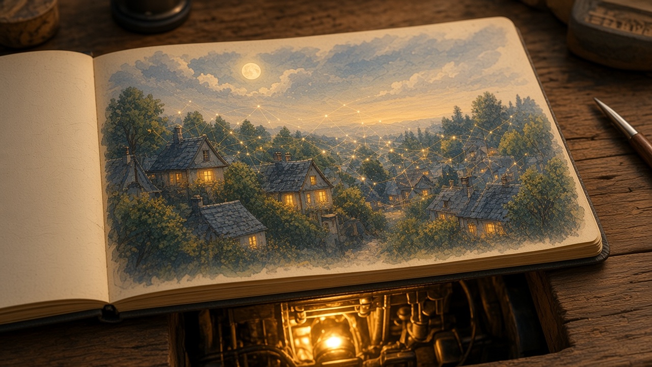 Painted familiar sketchbook open on a bench that hides a deeper engine beneath