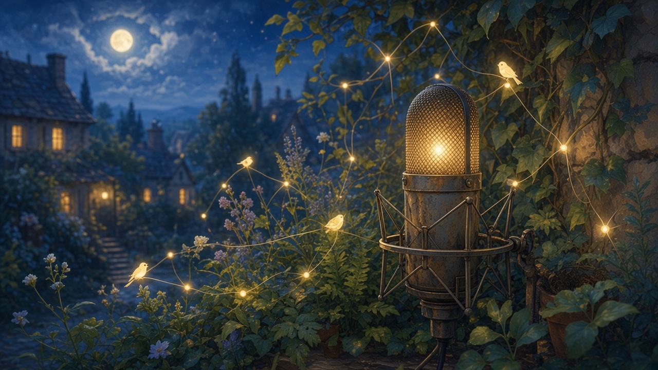 Painted porch mic among plants capturing sound that stays in the garden